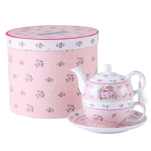 Set piattino tazza teiera tè per una confezione regalo (vintage fiore rosa Victoria Flora) - Foto 1 di 6