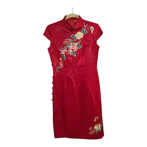 Embroidered Floral Red Satin Chinese Qipao Cheongsam Dress Women's 165 / US 6 - Picture 1 of 6