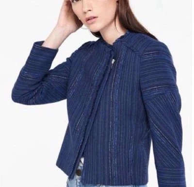 Chaqueta corta Sandro Paris azul marino a rayas talla 36/AU 8 borde deshilachado Blazer Foto 1 de 4