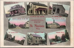 Postal de saludos/edificios/ vistas a la calle de Saint Nazianz, Wisconsin de la década de 1960 - Imagen 1 de 2