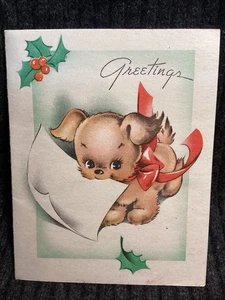Tarjeta de felicitación navideña vintage cachorro perro con acebo de papel antiguo - Imagen 1 de 3