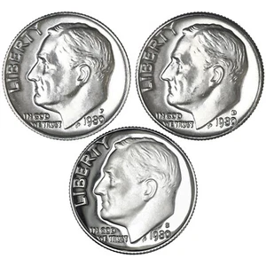1980 P D S Roosevelt Dime Year Set Clad Proof & BU US 3 Coin Lot - Picture 1 of 5