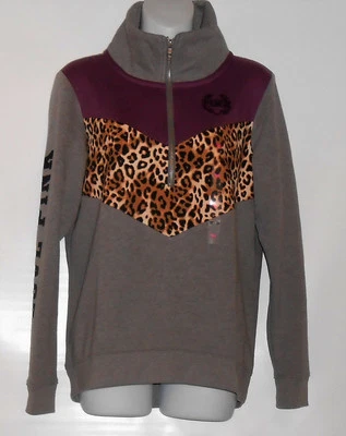 Victoria's Secret Rosa Alto-Bajo Media Cremallera Borde Leopardo Sudadera Gris Arcilla XS  Foto 1 de 3