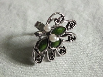 收藏品银色鸡尾酒戒指绿色水钻 Fx 珍珠可调节可爱 — 第 1/3 张图片