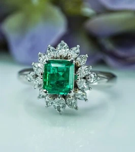 Anello Vintage Smeraldo Marchesa Diamante Aureola Tenuta Platino - Foto 1 di 7