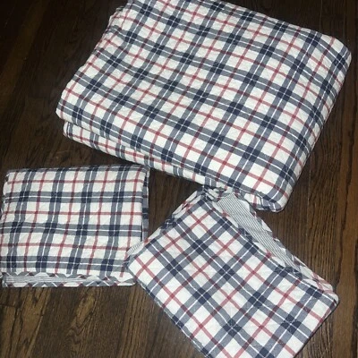 Tommy Hilfiger Reversible Cuadros Rayas Azul Reina Edredón Falso Queen Conjunto Nuevo Sin Caja Foto 1 de 4