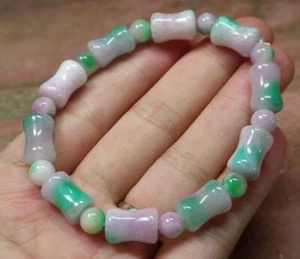 Genuine Multicolor Green Lavender Jade Bamboo Bead Elastic Rope Bangle Bracelet - Picture 1 of 3