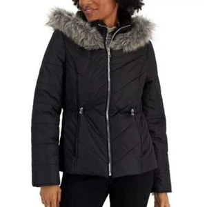MARALYN & ME Juniors' Faux-Fur-Trim Hooded Puffer Coat Mid Length Puffer - Picture 1 of 9