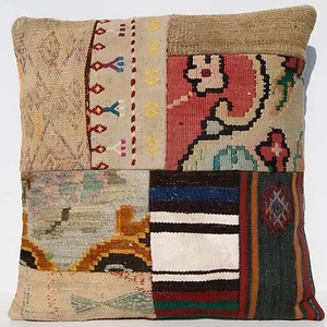 ALMOHADA DECORATIVA 20"X20" TURCA KILIM PATCHWORK BEIGE LANA ALFOMBRA CUADRADA 30+ - Imagen 1 de 3