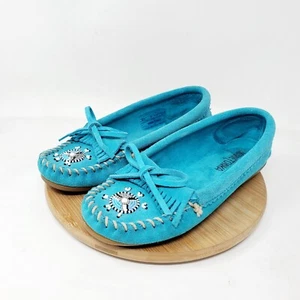 Minnetonka Moccasin Womens 6 Maasai Shoes Turquoise Suede Fringe Beaded Kilty - Picture 1 of 13