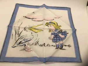 Pañuelo vintage de mediados de siglo de niña y pelícano - 9" x 9,5" - Imagen 1 de 5