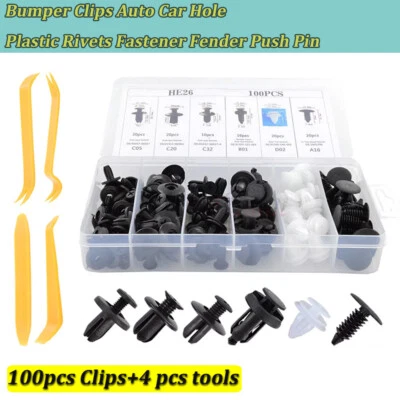 100Pcs/set +4 Tool Bumper Clips Auto Car Hole Rivets Fastener Fender Push Pin - Image 1 of 4