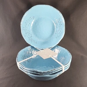 Soho Loft Blue Brown Rustic Flower Soup / Cereal Bowls Melamine Set of 4 *NWT* - Picture 1 of 8