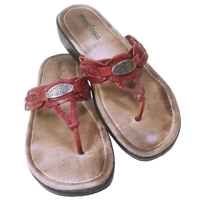 Minnetonka Sandal Leather Thong Slides Women-7 Concho Rosettes Aztec Western Red - Image 1 of 4