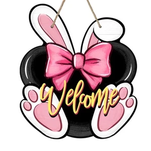 Welcome Easter Front Door Sign, Bunny Rabbit Ears Wood Door Hanger Outdoor Ou... - Picture 1 of 6