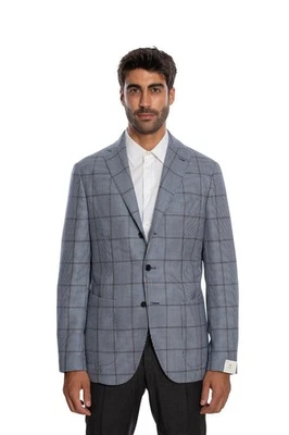 $1980 LUIGI BORRELLI "PROCIDA" Cosido a Mano Azul Gris Chaqueta a Cuadros Abrigo Deportivo Lana Foto 1 de 4