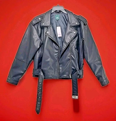 Wild Fable Faux Leather Biker Moto Jacket Belted Zippered Pockets Black Large - Image 1 of 4