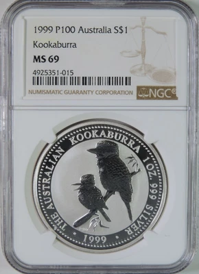 1999 P100 Australia Kookaburra 1oz .999 Silver $1 Coin NGC MS69 - Image 1 of 4