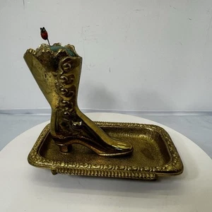 Vintage 50er Jahre ? MESSING STIEFEL GRÜN SAMT NADELKISSEN SIGNIERT H W AXFORD - Bild 1 von 8