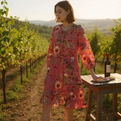 Vestido Zara Midi en Niveles Talla XL Popelina Floral 3/4 Manga Abullonada Muesca Corbata Escote Foto 1 de 4