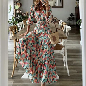 Damen Drucken Boho Partykleid Maxikleid V-Neck Herbstkleid A-Linie Freizeitkleid - Bild 1 von 19