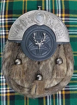 S.UK New Full Dress Kilt Sporran Formal Seal Skin Celtic Cantle Antique Stag Head