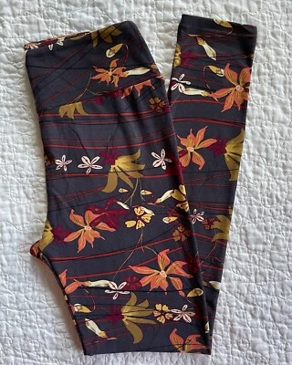 Leggings Lularoe OS Rojo Amarillo Naranja Flores Rayas Marrón De Colección Foto 1 de 2