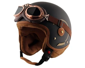 Motorcycle Helmet Open Face Matt Helmet With Goggles Dull Black Grey Medium Size - Foto 1 di 6