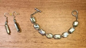Vintage Mexico Sterling Silver Abalone Square Ball Link Toggle Bracelet Earrings - Picture 1 of 5