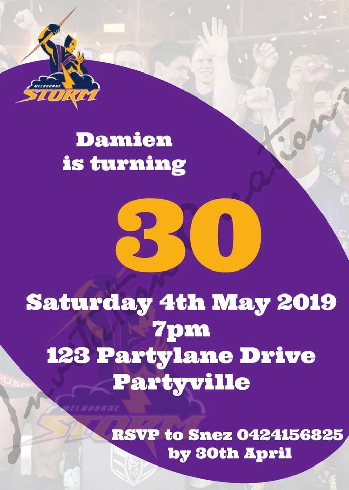 Hágalo usted mismo Impresión Personalizada NRL MELBOURNE STORM Invitaciones Fiesta de Cumpleaños Foto 1 de 1