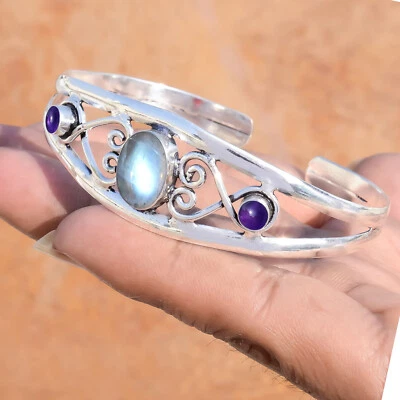 Labradorite & Amethyst Gemstone 925 Sterling Silver Bangle Cuff For Celebration - Image 1 of 4