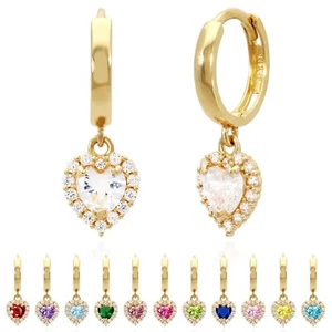 14K Yellow Gold Halo Heart Birthstone CZ Huggie Earrings - Picture 1 of 61