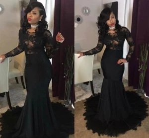 Gothic Mermaid Wedding Dress Black Lace Appliques Long Sleeves Bridal Gown - Picture 1 of 9
