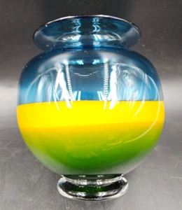 Vintage Alster Sweden Nordic Art hand Blown Signed Glass Vase Blue Yellow green - Picture 1 of 10
