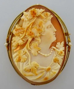 10k Yellow Gold Victorian Carved Cameo Pearl Brooch - Picture 1 of 8