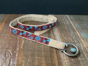 Vintage Double D Ranch tan Suede red blue Beaded skinny Belt Sz 36 - Picture 1 of 10