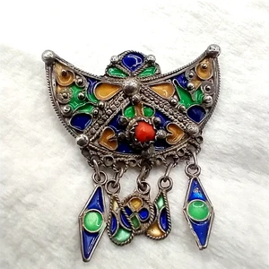 Kabyle Berber 925 Sterling Silver Brooch Enamel & Coral - Picture 1 of 6