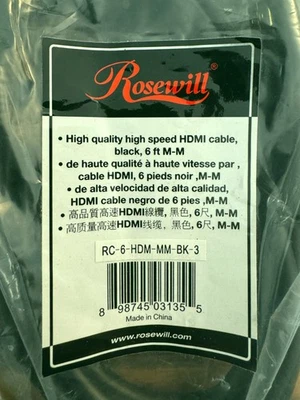 Cable HDMI Rosewill 6 pies - Alta velocidad macho a macho - 4K UHD, 18Gbps, chapado en oro  Foto 1 de 3