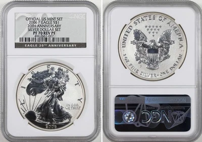 2006-P REVERSE PROOF Silver Eagle NGC PF70 20th Anniv Set Black Label PR70 - Image 1 of 4