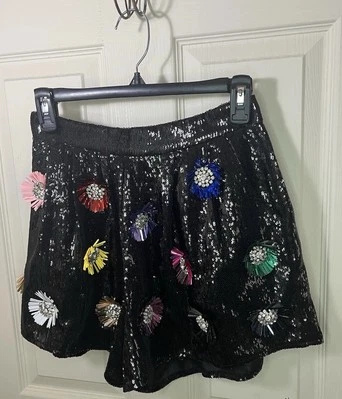 Queen of Sparkles Black Sequin Rhinestone Floral Shorts Zip Women’s XS NEW - Image 1 of 4