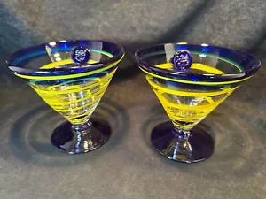 Royal Caribbean Hand Blown Blue & Yellow Swirl Martini/Margarita Glasses - Picture 1 of 8