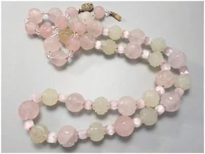 Vintage Chinese Hand Carved Shou Rose Quartz Jade Pink Cat's Eye Necklace 29" - Image 1 of 4