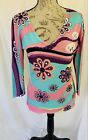 Once 1 Again Floral Sequin Pearls Floral Top L/Xl  V Neck Retro Mod Womens