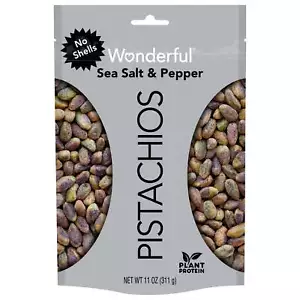 WONDERFUL PISTACHIOS, NO SHELL, SEA SALT AND PEPPER 11oz RESEALABLE POUCH - Picture 1 of 9