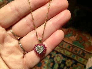 Classic Ruby and Diamond 14k Heart Pendant Necklace on 22” 18k yellow gold chain - Picture 1 of 7