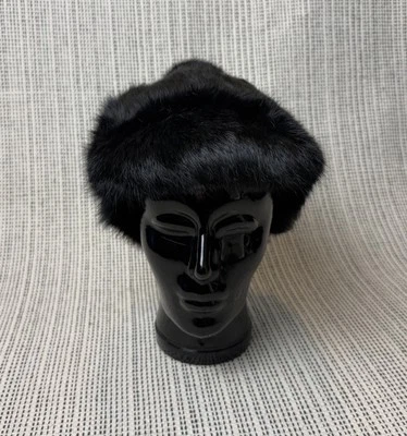 Black Rabbit Hair OSFM Pom Pom Beanie Hat With Small Fur Lined Bill 77204 - Image 1 of 4