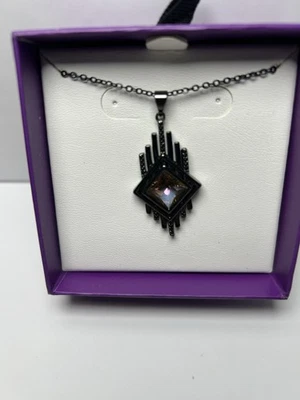 Ring Bomb Party Necklace Black Tone Geometric Pendant Iridescent Square StoneCZ - Image 1 of 4