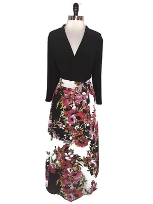 Vestido maxi CHETTA B tamanho 18 preto branco rosa floral manga 3/4 - Imagem 1 de 4