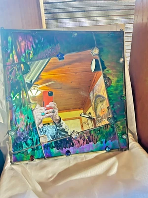 Beautiful Irredescent/Stained Glass Mirror W/ 3D Fused Glass Gems - 18" X 18" - Image 1 of 4