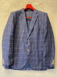 Lands End Sport Coat Blazer Jacket Men’s Sz 50L Navy Check Plaid Linen /157-3 - Picture 1 of 15